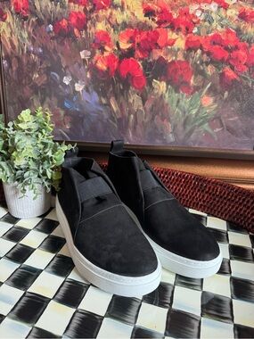 Eileen Fisher Greta Black Nubuck Slip-On Platform Sneakers with White Sole New
